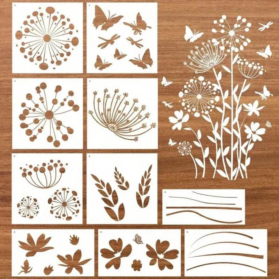 10个可重复使用的蒲公英大号模板 - 花卉和蝴蝶图案，DIY绘画模板 - 植物模板 - 查看 1