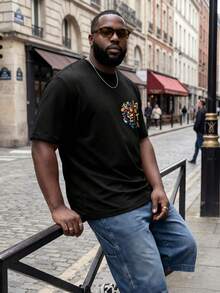 Chinese Style Lion Print Short Sleeve T-Shirt, American Streetwear Loose Plus Size Half Sleeve, Summer Brand Versatile Top - Black - View 5