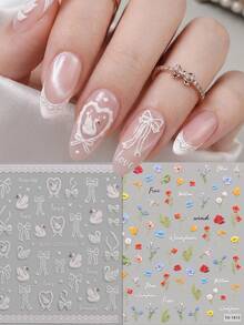 QIANJIKU 2 miếng dán móng tay hình thiên nga và nơ 5D dập nổi - Hình dán móng tay hoa ly trắng 3D - Hình dán nghệ thuật móng tay viền ren hoa nhỏ xinh, thích hợp cho mùa xuân/hè, đám cưới, ngày Valentine, ngày của Mẹ, trang trí móng tay DIY. - Nhiều màu - Xem 2