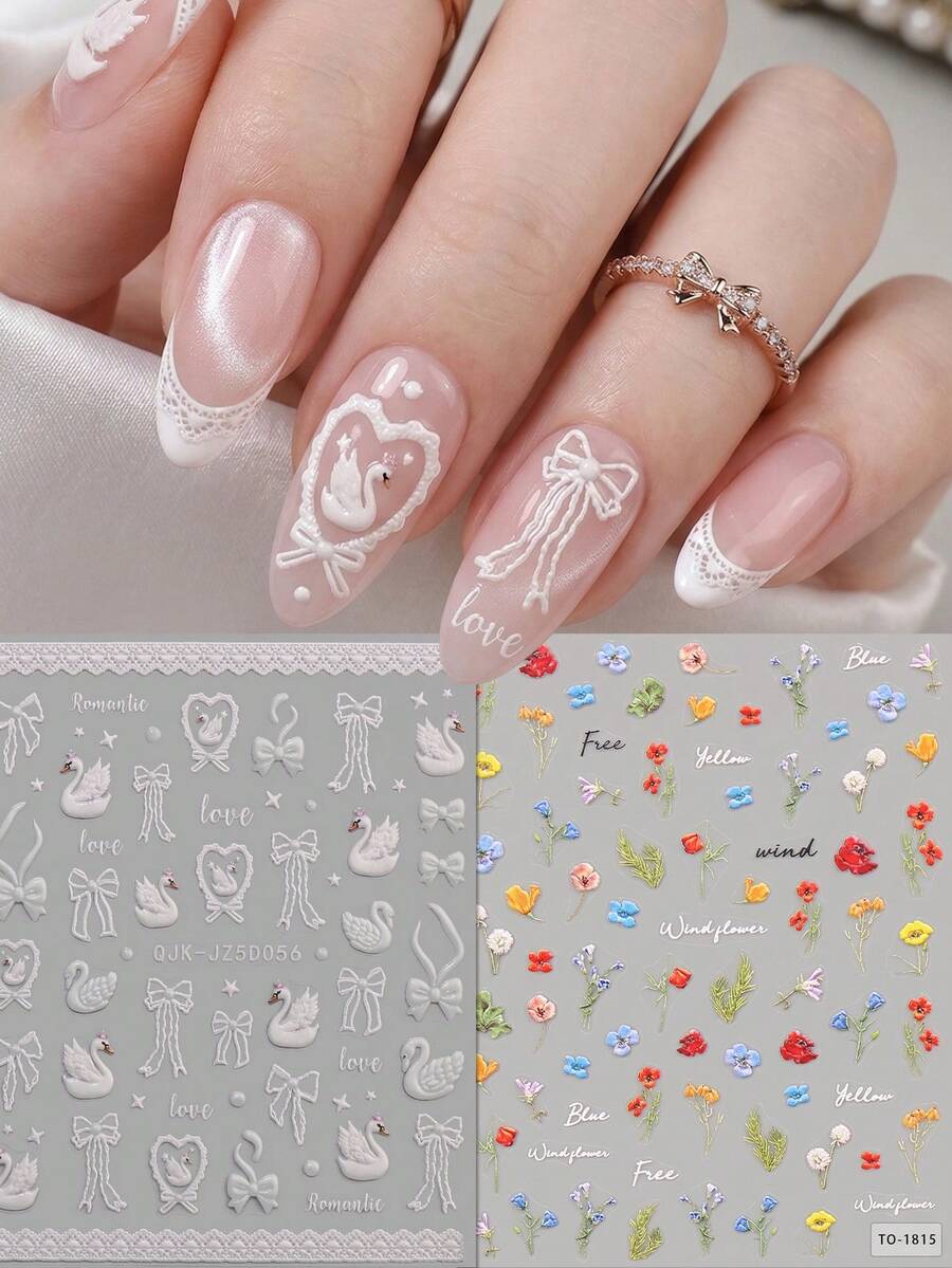 QIANJIKU 2 miếng dán móng tay hình thiên nga và nơ 5D dập nổi - Hình dán móng tay hoa ly trắng 3D - Hình dán nghệ thuật móng tay viền ren hoa nhỏ xinh, thích hợp cho mùa xuân/hè, đám cưới, ngày Valentine, ngày của Mẹ, trang trí móng tay DIY.