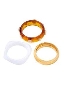 Set de 3 pendientes de aro de acrílico de moda con colgante de perla de concha incrustada, adecuado para uso diario y de fiesta de mujeres, set de pulseras apilables - Marrón - Ver 6