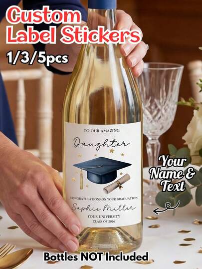 1/3/5pcsCustom Graduation Wine Bottle Label Stickers - Personalized Name & Text, Waterproof Premium Stickers For Class Of 2026 Graduation Party Decor, Daughter/Son Grad Gift, Elegant Minimalist Grad Cap Design, Perfect For University Graduation Celebration, Party Favors & Keepsake, DIY Graduation Wine Decorations