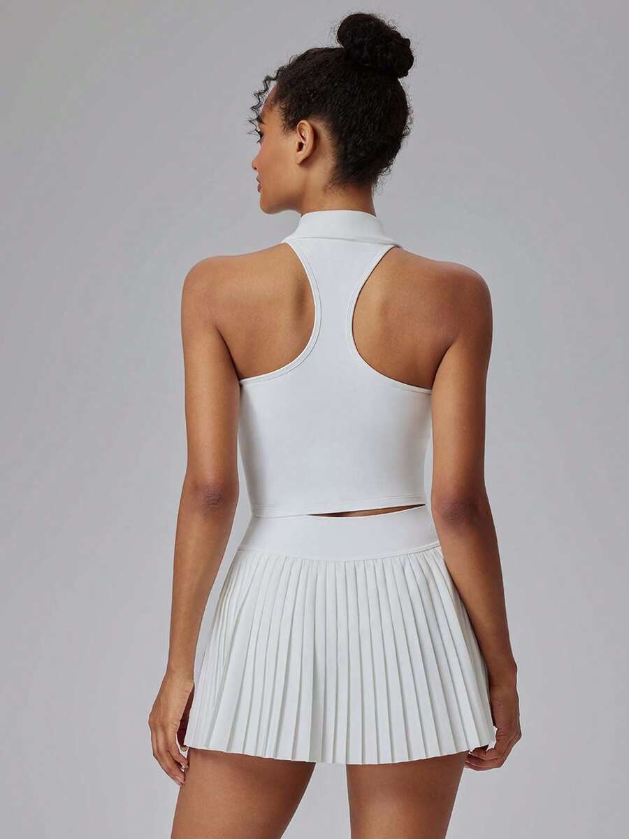 2pcs Sports Set Including Collared Cropped Top And Pleated Mini Skirt - White - View 1