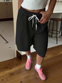 Women's Drawstring Waist Black Knit Wide Leg Bermuda Shorts, Casual - Pink - View 11