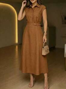 Women's Summer Orange Drop-Shoulder Shirt Collar Top + A-Line Elastic Waist Skirt Set, Chest Pocket Design, Suitable For Casual Daily And Commuting Wear - Burnt Orange - View 4