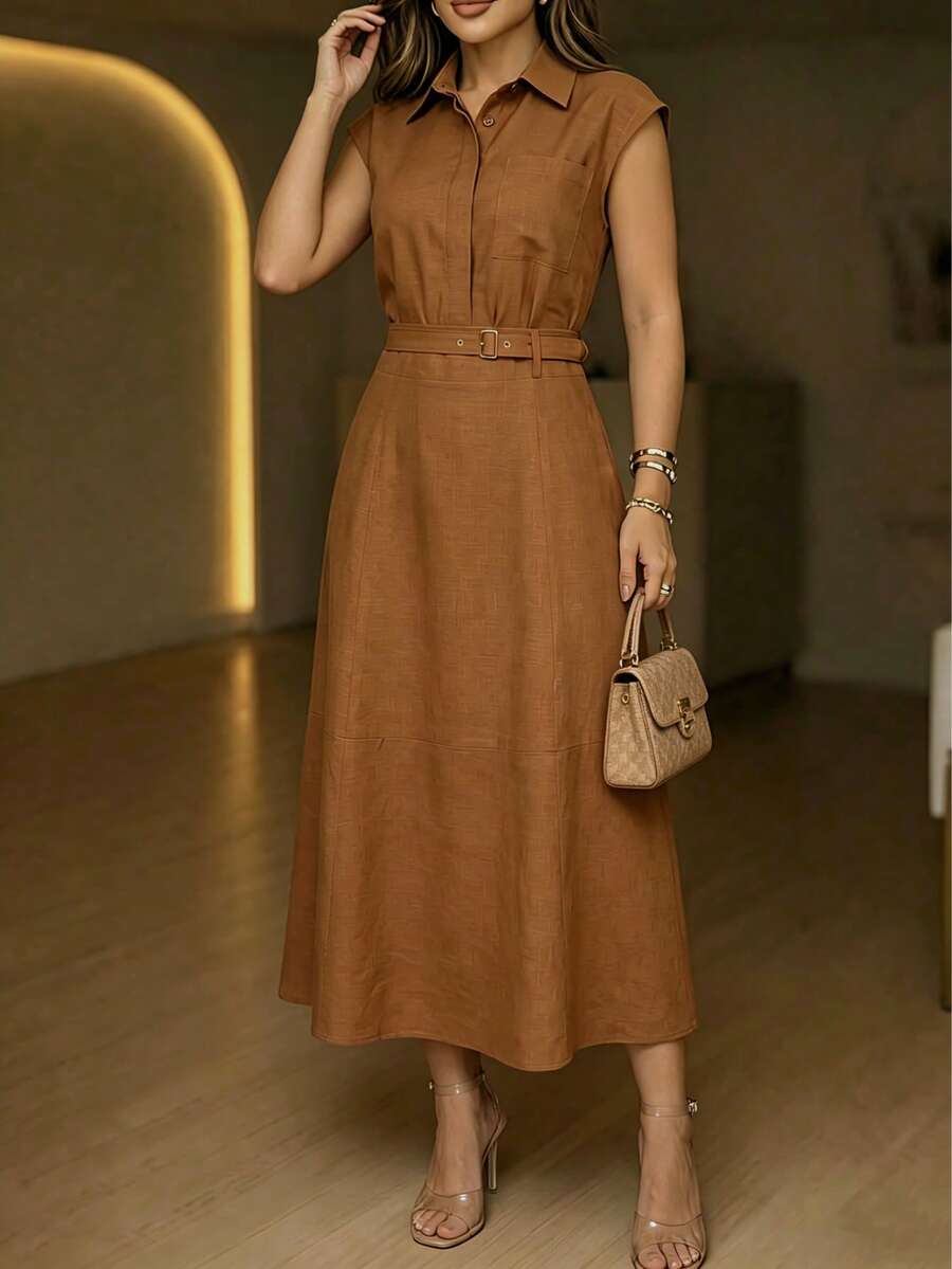 ANCHOSE Conjunto de blusa de cuello camisero con hombros caídos naranja + falda de cintura elástica corte evasé para mujer, diseño de bolsillo en el pecho, adecuado para uso casual diario y de oficina - Naranja quemado - Ver 1