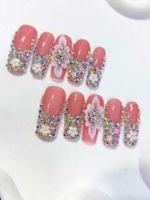 10pcs Y2K Style Extra Long Coffin Shaped Red & Nude Handmade Nail Stickers, With Leopard Print, Luxury Red Rhinestone Decor And 3D Cherry Decor; Suitable For Party, Daily Wear, Wedding; Great Gift For Women & Girls; Includes 1 Glue Sticker And 1 Mini Nail File Press On Nails - 粉色 - 查看 2