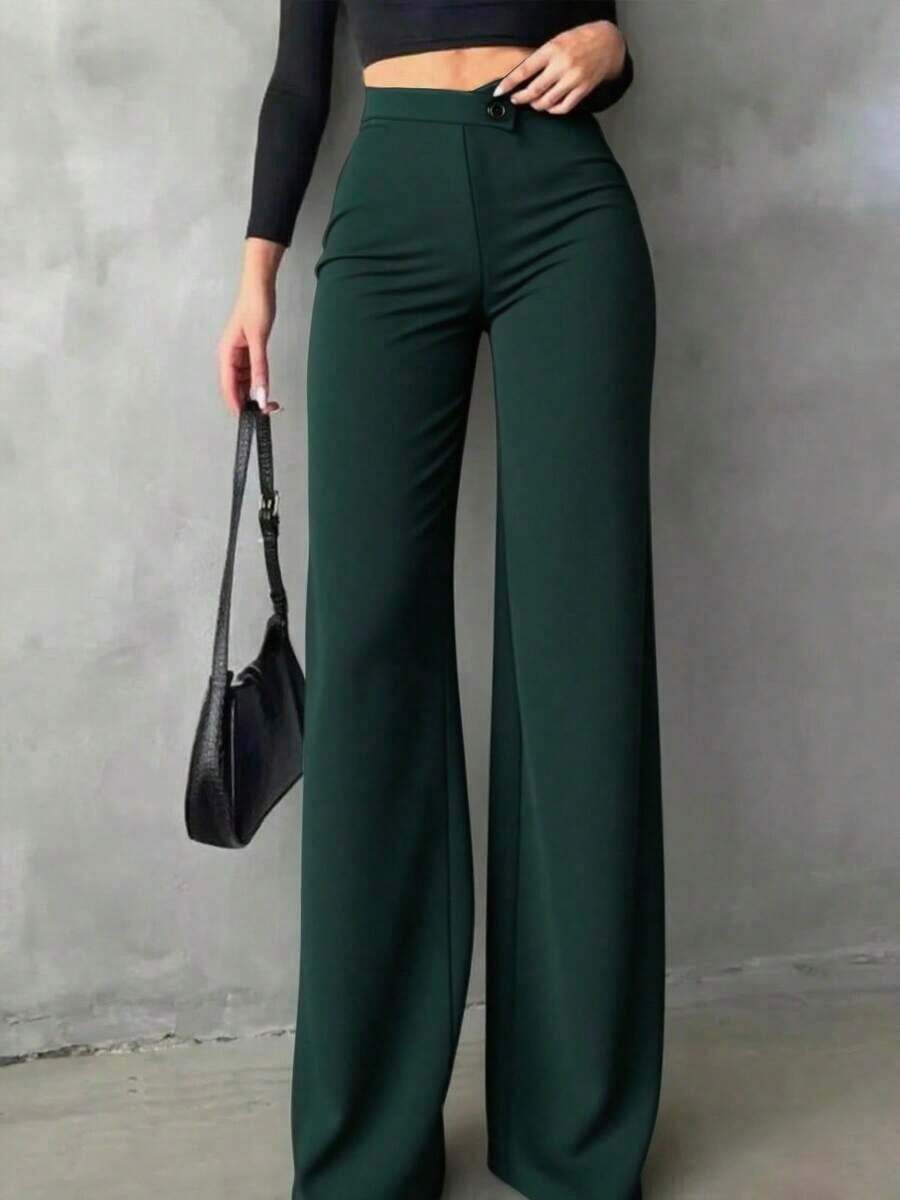 Elegant And Casual Black Straight-Leg Trousers For Women, Summer Pants With An Asymmetrical V-Shaped Waist To Accentuate Curves, Suitable For School, Daily Wear, And Work. - 深綠色 - 查看 1