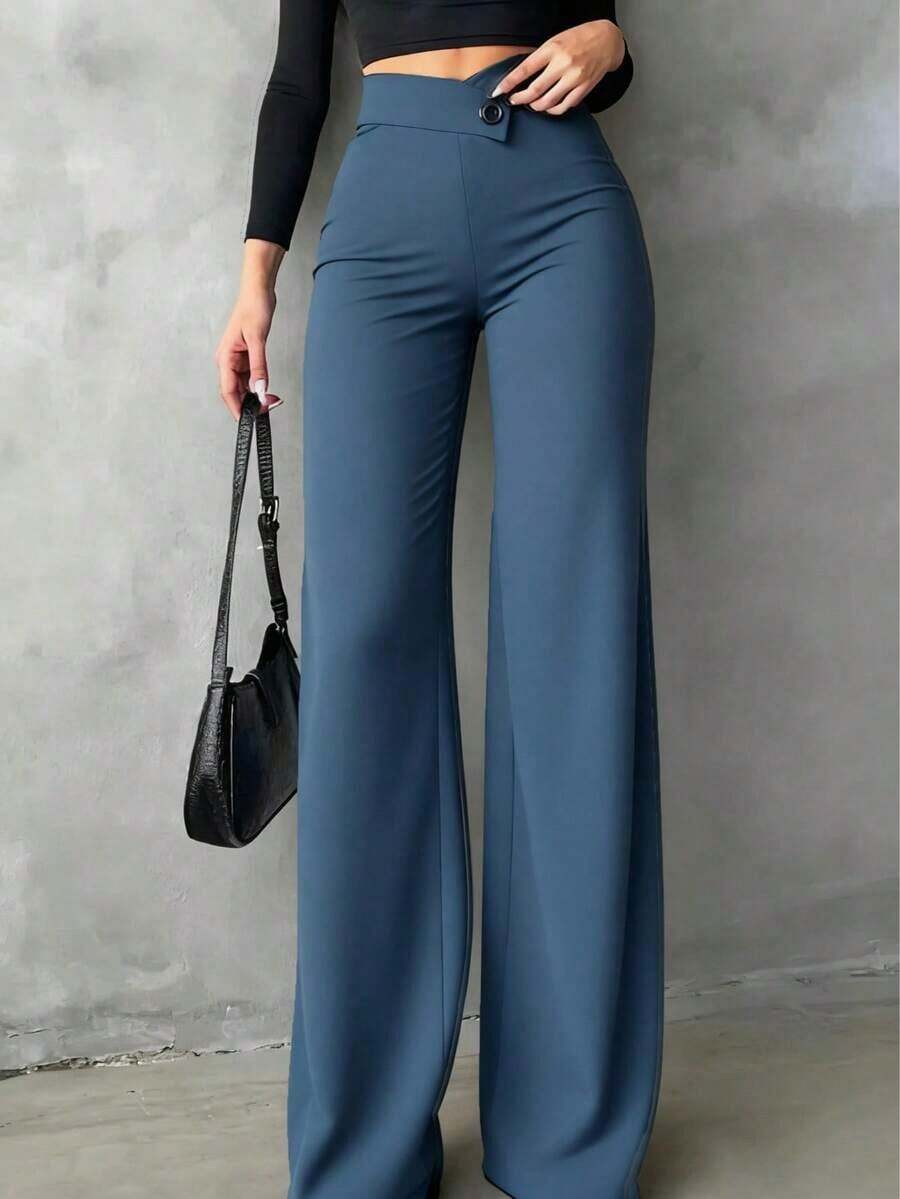 Elegant And Casual Black Straight-Leg Trousers For Women, Summer Pants With An Asymmetrical V-Shaped Waist To Accentuate Curves, Suitable For School, Daily Wear, And Work. - 藍灰色 - 查看 1
