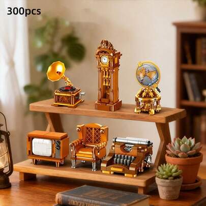 300pcsVintage Building Block Set, Including Mini World Clock, Globe, Phonograph, Typewriter. Retro-Style Assembled Building Blocks, Creative Home And Office Desk, Bookshelf Decorative Ornaments, Nostalgic Collection Gifts. Suitable For Adults And Teenagers As Collection Decorative Ornaments And Gifts.