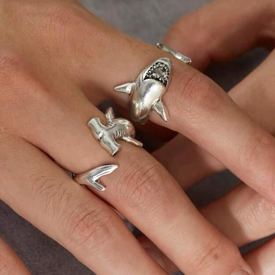 Anillo ajustable de tiburón martillo, estilo punk de moda - Plata antigua - Ver 1