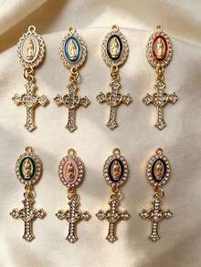 10/20pcs Cross DIY Zinc Alloy Drip Oil Jewelry Accessories, Virgin Mary Rhinestone Double Pendant, Bracelet, Keychain, Decoration - Multicolor - View 1