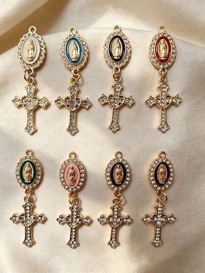 10/20 pièces Accessoires de bijouterie en alliage de zinc à goutte d'huile en forme de croix, pendentif double de la Vierge Marie avec strass, bracelet, porte-clés, décoration