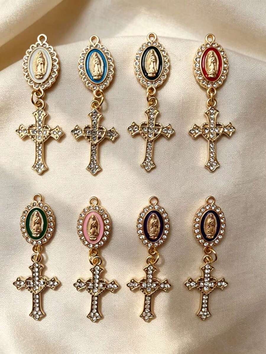 10/20pcs Cross DIY Zinc Alloy Drip Oil Jewelry Accessories, Virgin Mary Rhinestone Double Pendant, Bracelet, Keychain, Decoration - Multicolor - View 1