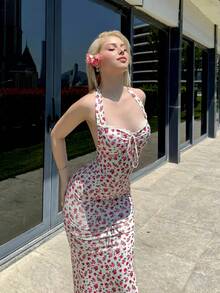 Vestido largo bohemio elegante con cuello halter, espalda descubierta y lazo, estampado floral, vestido de cóctel ajustado para mujer, blanco de verano - Blanco - Ver 6