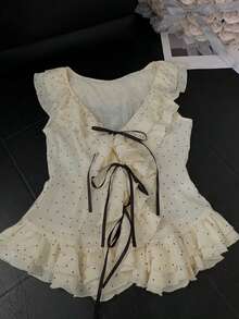 Chic Elegant Sheer Chiffon Top, V-Neck Frill Trim Polka Dot Top For Women, Summer Vacation - Apricot - View 6