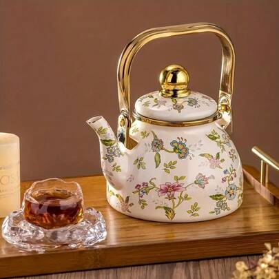 A Minimalist Floral Enamel Teapot, Suitable For Use As A Teapot Or Coffee Pot, Designed Specifically For The Kitchen. This Handcrafted Enamel Teapot Can Be Directly Heated On An Open Flame, Serving As Both A Charming Household Tea Set And A Decorative Tabletop Accent.