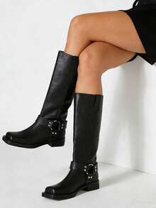 Women's Knee High Boots Slip On Riding Boots, Buckle Boots For Women, Sexy Squared Toe Low Chunky Heel Tall Motorcycle Boots Dance Party Booties - Black - View 6