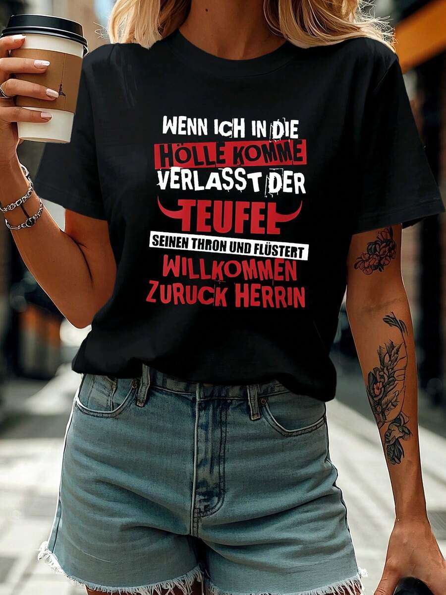 Teediy Women's Funny German Print T-Shirt - Light Grey Short Sleeve With Bold Red Print, 100% Made For Comfortable Casual Wear, Machine Washable Year Round, Adorable Tees, Everyday Wear, Funny Graphic Tee-X