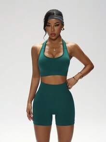 Women's Seamless Butt Lifting Green Yoga Cycling Shorts, Compression Slim Fit Workout Shorts Suitable For Gym, Running, Outdoor Sports - Green - View 3