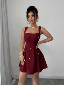 Vestido casual de mujer con parches de unicolor, tirantes anchos y cuentas - Burdeos - Ver 3