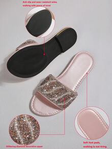 Giày sandal đế bằng mũi vuông mới cho nữ mùa xuân/hè, dép lê đính đá thời trang dự tiệc, màu đen-trắng-hồng, cỡ lớn 41-43, kiểu dáng gợi cảm, dễ phối với váy. - Hồng - Xem 1