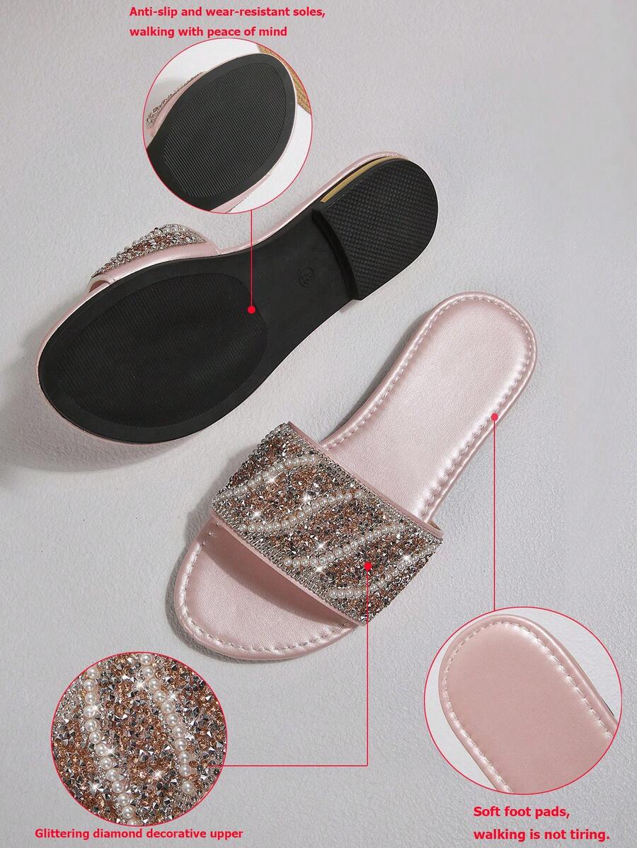 Giày sandal đế bằng mũi vuông mới cho nữ mùa xuân/hè, dép lê đính đá thời trang dự tiệc, màu đen-trắng-hồng, cỡ lớn 41-43, kiểu dáng gợi cảm, dễ phối với váy. - Hồng - Xem 1