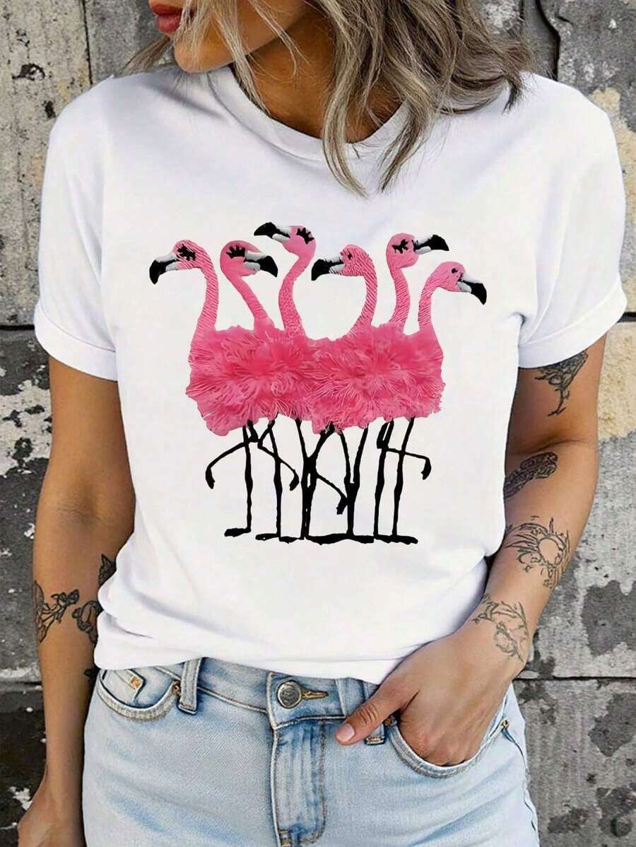 100% Cotton Women's T-Shirts 2026 Flamingo Print T-Shirt, Animal Design In Bright Pink And Black, Casual Round Neck Top For Spring/Summer/Autumn, Y2K - 白色 - 查看 1