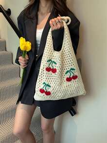 Yogodlns Nuevo bolso de verano con diseño de cereza hueco y correa, bolso de playa minimalista de moda hecho a mano a ganchillo, bolso de mano de cereza de punto, bolso de hombro, bolso de playa para mujeres - Multicolor - Ver 3