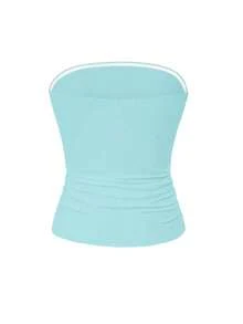 Sexy Strapless Solid Color Elastic Fitted Tank Top, Spring/Summer Basic Strapless Tank, Autumn And Daily Wear - Mint Green - View 5