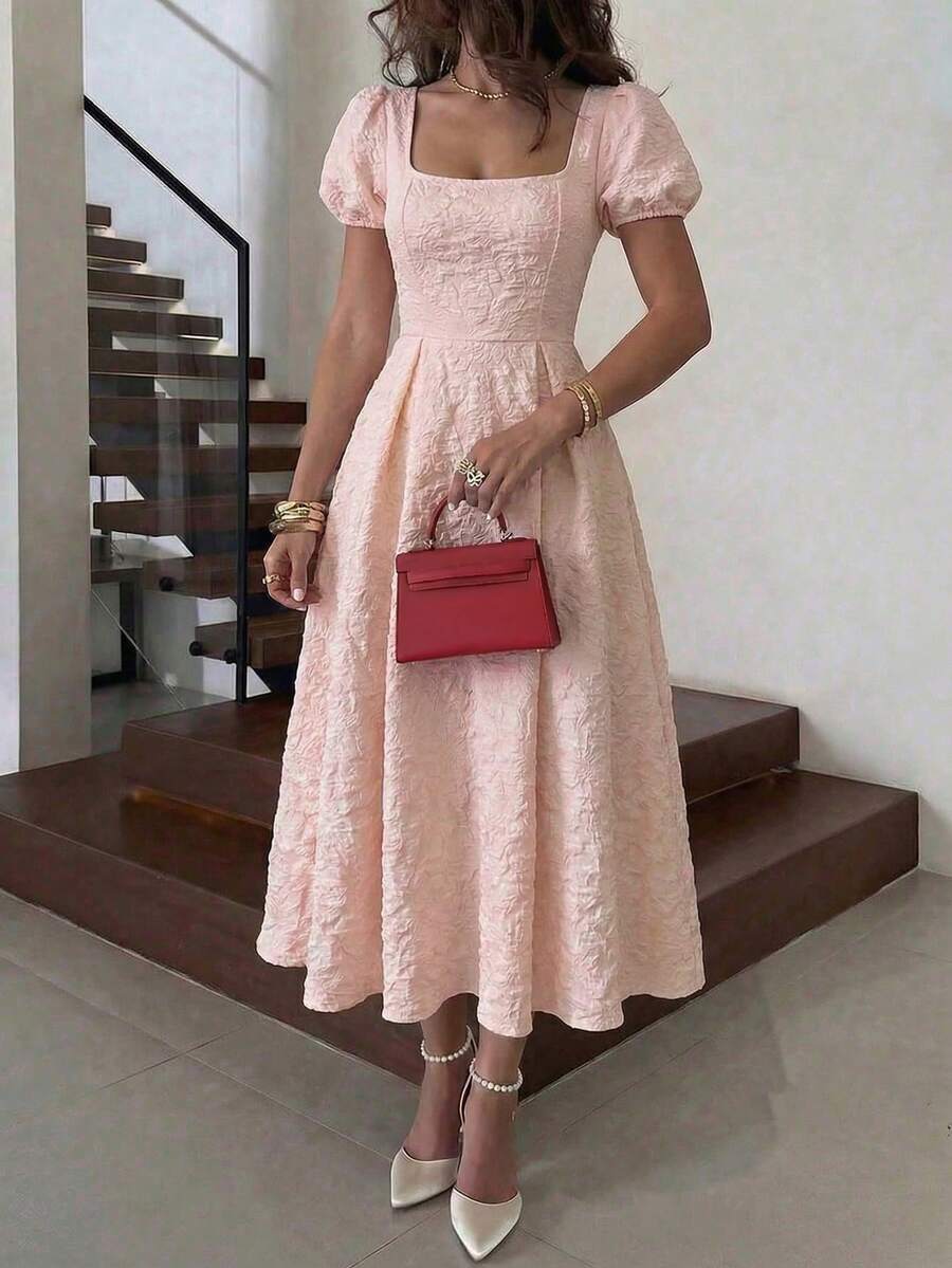 Women's Spring/Summer Elegant Square Neck Petal Sleeve Floral Textured Waist Flared Hem Mid-Length Dress, Suitable For Vacation, Wedding, Party Pink - Pink - View 1