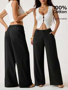 PETITE Pantalones rectos de cintura baja de 100% algodón lavado, pantalones de lino para mujer, pantalones de verano, pantalones anchos de mujer, pantalones de verano, otoño y ropa de otoño para mujer - Negro - Ver 2