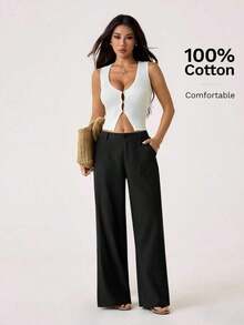 PETITE Pantalones rectos de cintura baja de 100% algodón lavado, pantalones de lino para mujer, pantalones de verano, pantalones anchos de mujer, pantalones de verano, otoño y ropa de otoño para mujer - Negro - Ver 8