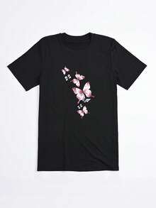 Camiseta negra con estampado de mariposas rosadas para mujer estilo casual verano - Negro - Ver 2