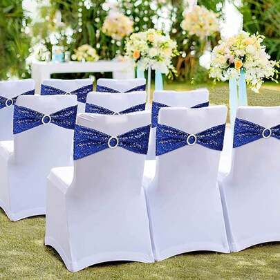 亮片椅套带，带扣，6条装，弹力氨纶椅套带，单侧亮片蝴蝶结，适用于婚礼、宴会、招待会装饰（皇家蓝）