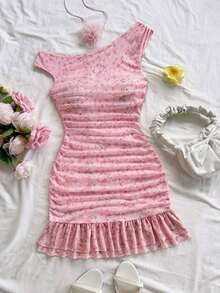 Vestido mini ajustado con hombro asimétrico, volantes y estampado de degradado rosa romántico. Versátil para fiestas, citas, té de la tarde, playa, bodas y temporada de graduación - Rosa - Ver 3