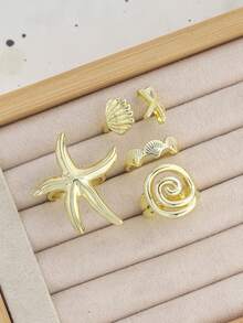 4pcs Ocean Theme Zinc Alloy Rings Set, Creative Starfish, Spiral, Seashell Stackable Rings For Women - Gold - View 2