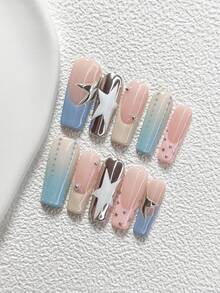 10Pcs Dreamy Girly Style Handmade Nail Art Set,Unghie Press On,Steel Ball Nail Art Accessories,Stars,Blue, Yellow And Pink Nail Polish,Includes Nail Tools,3 Sizes Available,Almond Nails , Duck Nails,Coffin Nails For Party, Dance, Daily Wear. - 彩色 - 查看 15