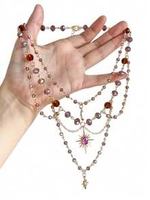 1pc Vintage Fashionable Multi-Layer Crystal Sun Pendant Necklace For Women, Minimalist & Versatile - Gold - View 3