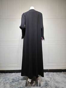 Hafizah 黑色重工花卉刺繡女款長版開襟衫，輕盈端莊風，修身顯瘦，適合日常通勤、宴會、度假，秋季百搭長袍 - 黑色 - 查看 5