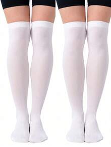 1/2/3 Pairs White Thigh High Socks For Women, Lolita JK Soft Girl Style, Suitable For Sweet Fashion, Comfortable & Warm - White - View 7