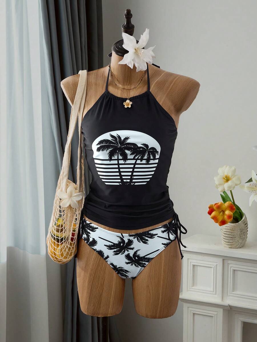Mistrie Summer Beach Palm Tree Print Drawstring Side Halter Tankini - Black and White - View 1