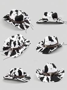 Polyester Cow Print Cowboy Hat - Leather Rivet & Cow Skull Decor, For Riding, Outdoor Travel, Cowboy Party & Daily Wear,Beach,Holiday - B - View 10