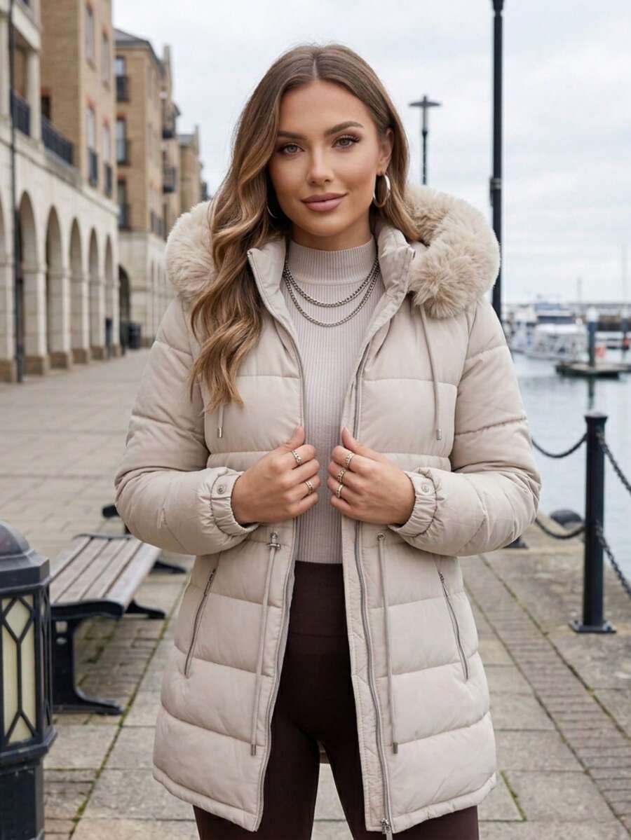 Women's Puffer Jacket With Faux Fur Lining For Winter With Hood - Beis - Ver 1