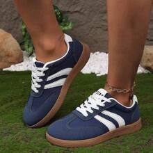 Women's Retro Patchwork Striped Low-Top Lace-Up Casual Sneakers, Comfortable Daily Commute Versatile Suede Patchwork Breathable Athletic Shoes - Blue - View 4