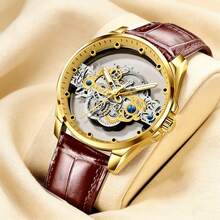 GUANQIN 1pc Men's Waterproof Luminous Gold Watch, Finely Carved Hollow Dial, Wear-Resistant Stainless Steel Case, Fashion Business Luxury Sporty Casual Men's Watch, Suitable For Easter, Halloween, Christmas, Father's Day, Birthday, Back To School, Festivals, Valentine's Day, Dates, Business, Daily Wear, Gifts, Music Festivals, Wedding Season - Gold - View 6