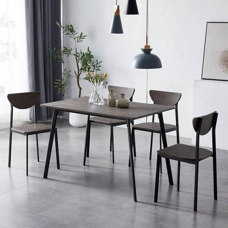 Dining Table And Chairs Set Metal Wood Effect Table Dining Set 4 Chairs - Black - View 1