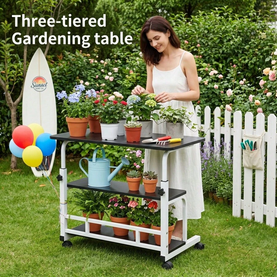 Heavy-Duty Height-Adjustable Multi-Functional Garden Workbench | Metal Frame, Large Worktop,With Four Braked Casters, Suitable For Offices, Bedrooms, Patios, Gardens/Gardens, Etc. Durable Andeasy To Clean, Can Be Used As A Planter Table Or Outdoor Garden Table. - đen - Xem 1
