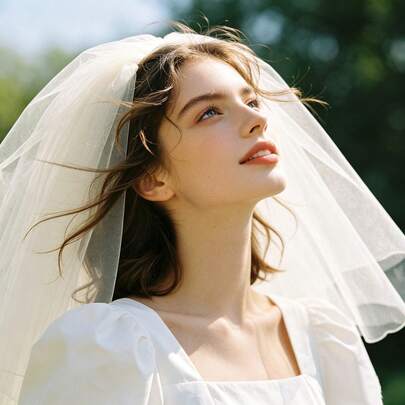 45厘米短款婚纱头纱，单层简约象牙色薄纱头纱，及肩长度，适合旅行摄影道具