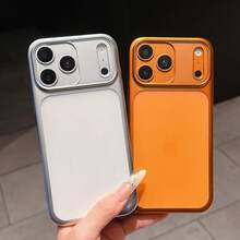 Metallic Frame Phone Case, Silver & Orange Matte Solid Color Design, Shockproof Anti-Fall Protective Cover With Large Camera Guard, Minimalist Aesthetic Bumper For IPhone 17 16 15 14 13 Pro Max - Silver - View 3